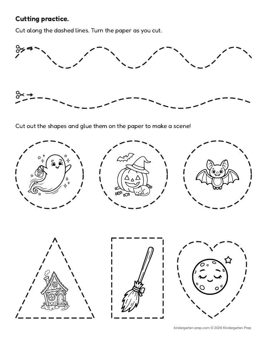 Halloween cutting practice worksheet, shapes for preschool, free printable