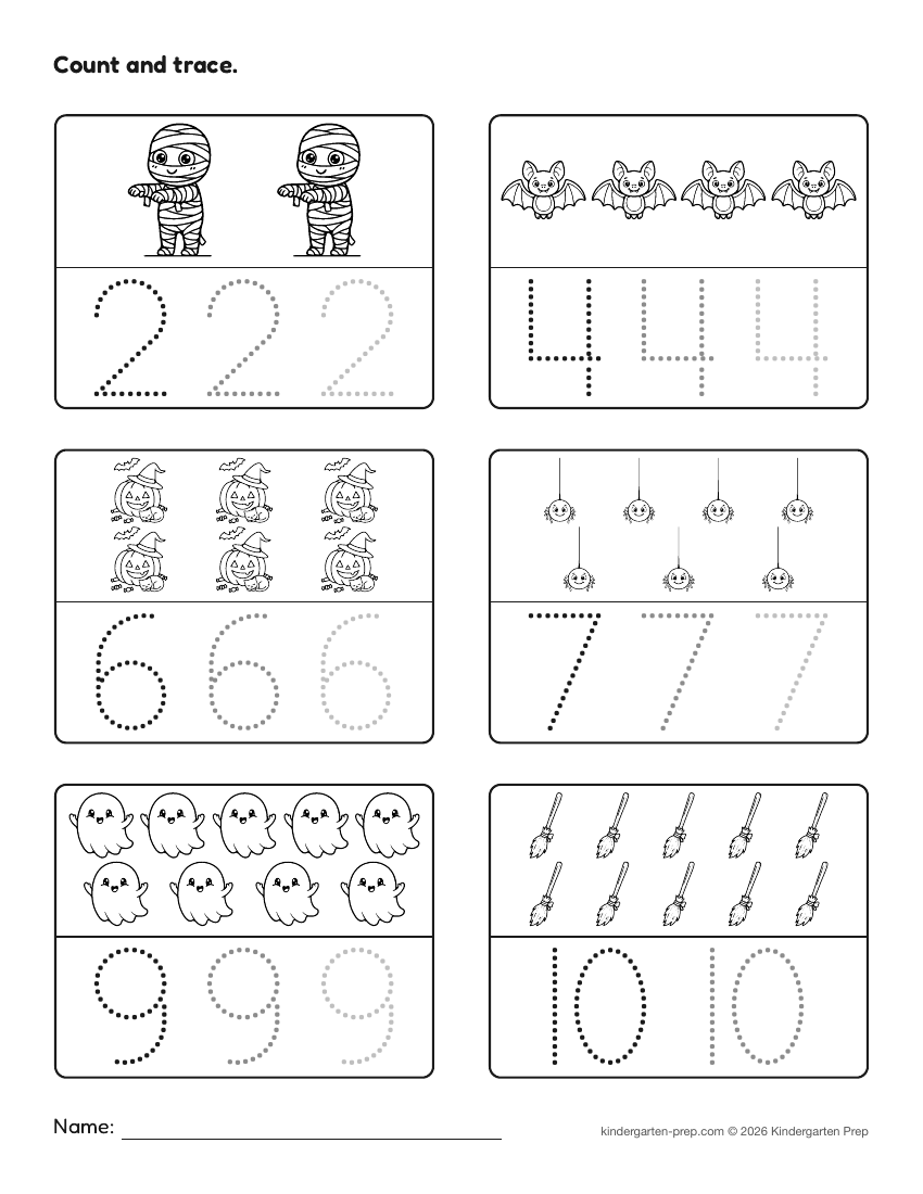 Halloween number tracing worksheet, count and trace for preschool, free printable
