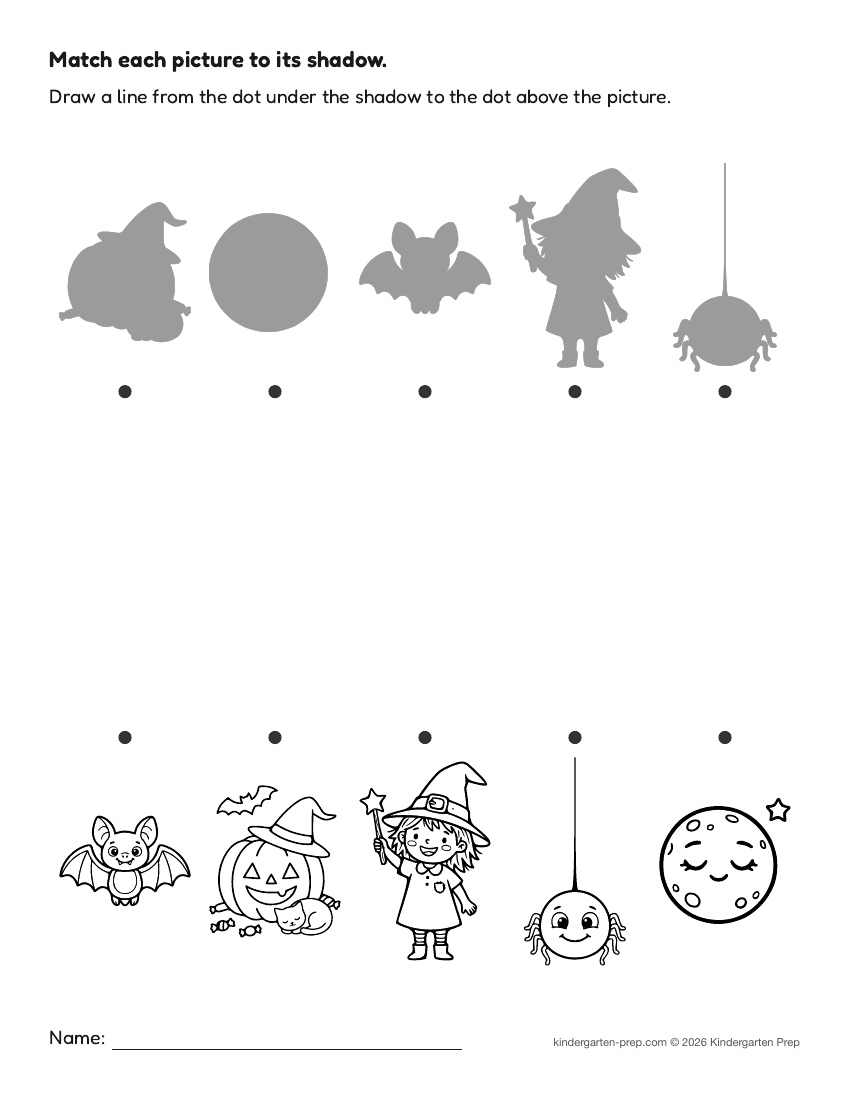 Halloween shadow matching fine motor worksheet for preschool, free printable