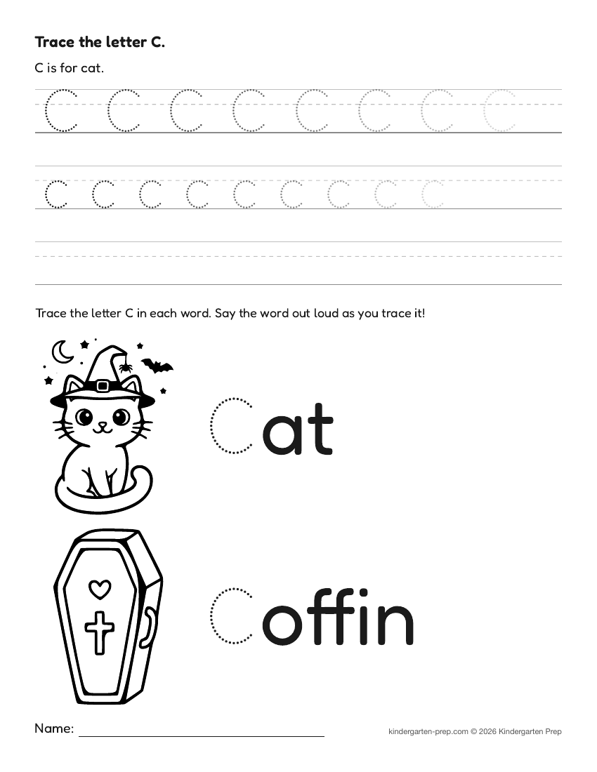 Halloween letter tracing worksheet letter C for preschool, free printable