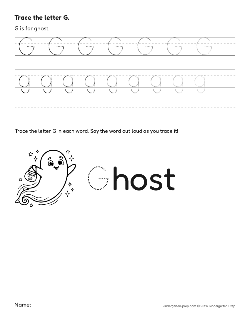 Halloween letter tracing worksheet letter G for preschool, free printable