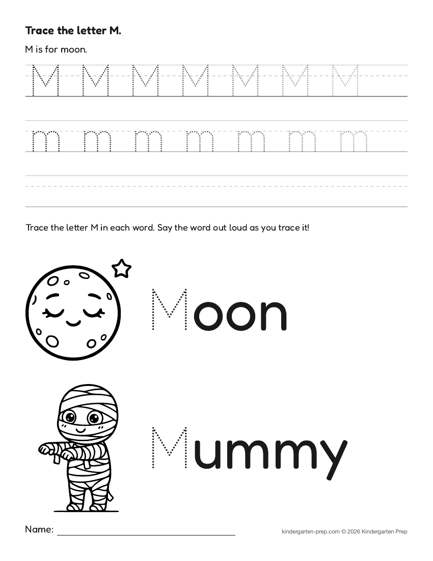 Halloween letter tracing worksheet letter M for preschool, free printable