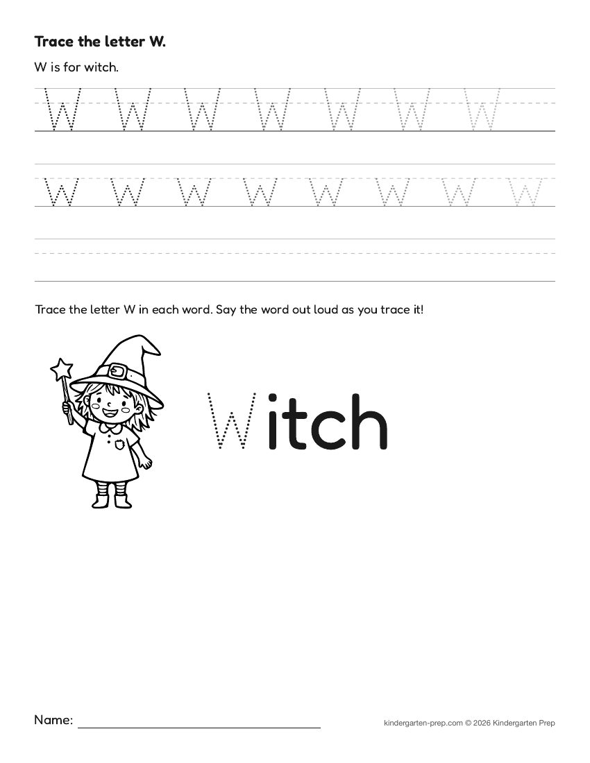 Halloween letter tracing worksheet letter W for preschool, free printable