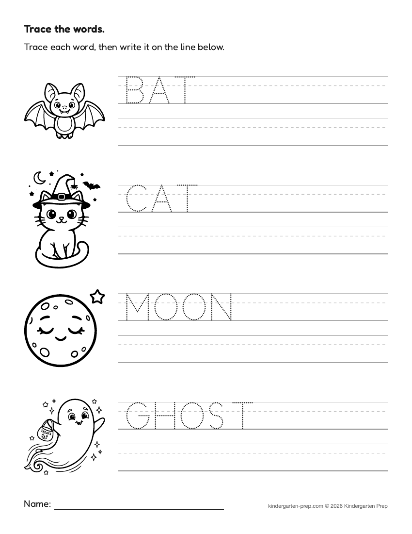 Halloween word tracing worksheet for preschool, free printable