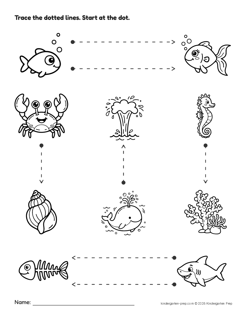 ocean tracing lines worksheet for preschool, free printable