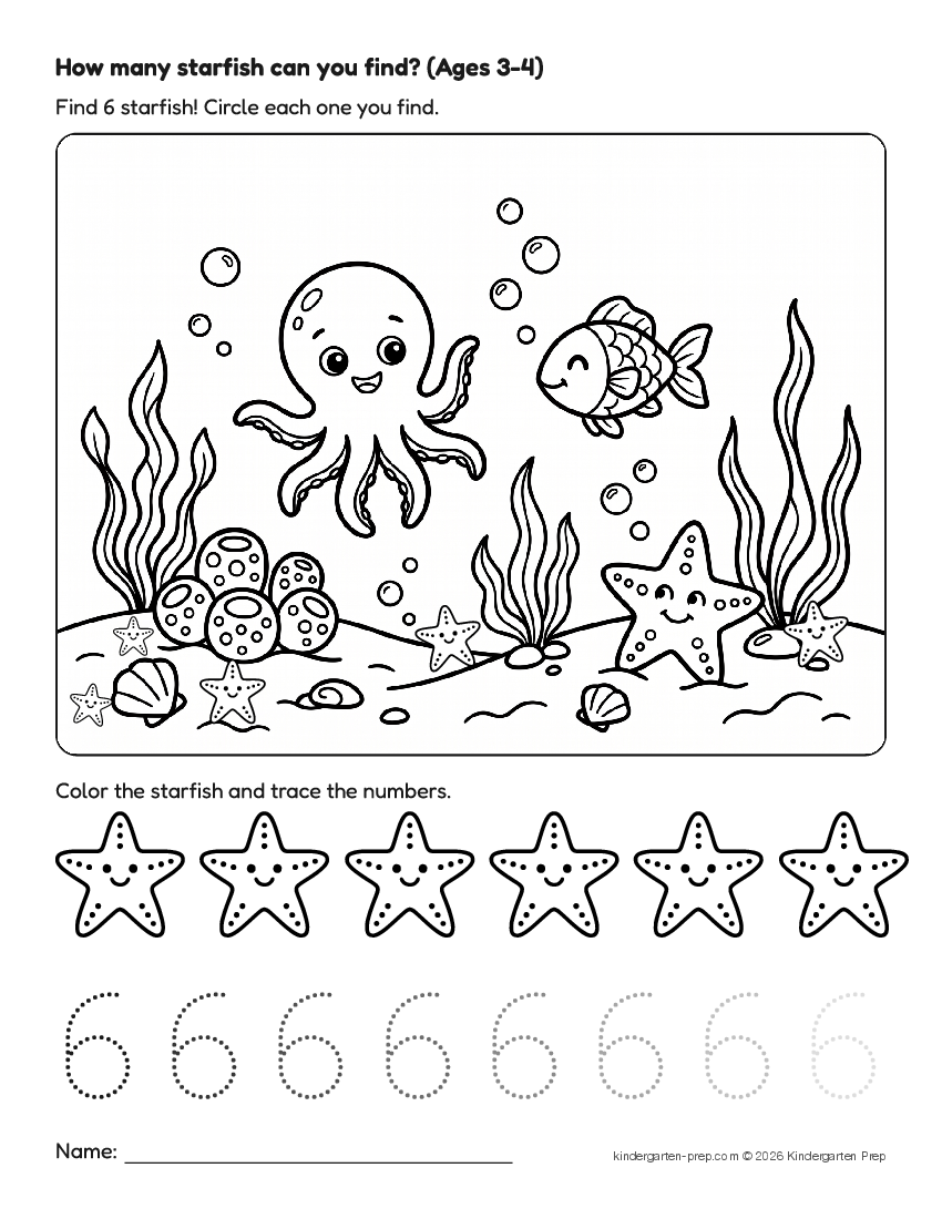 ocean counting worksheet, search and count for preschool, free printable