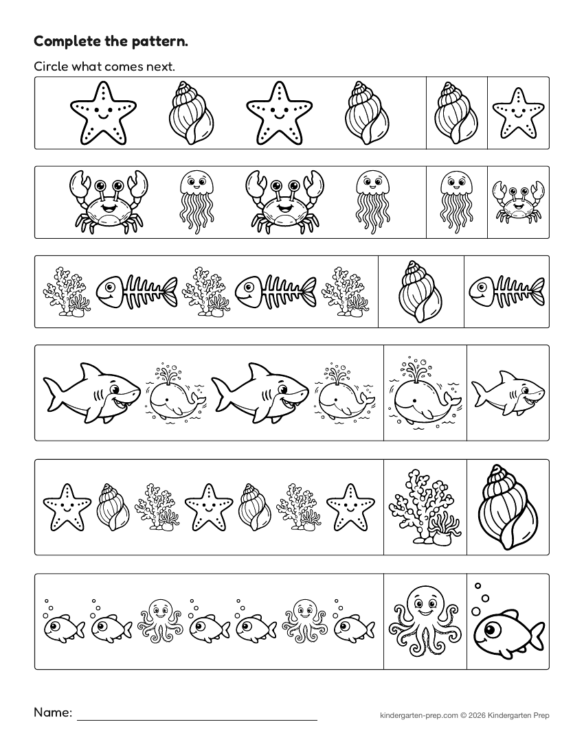ocean pattern worksheet for preschool, free printable