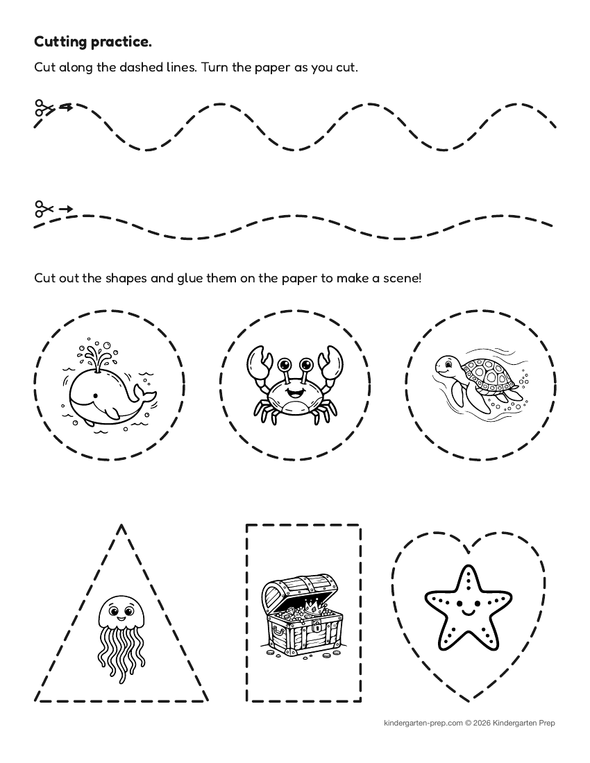 ocean cutting practice worksheet, shapes for preschool, free printable