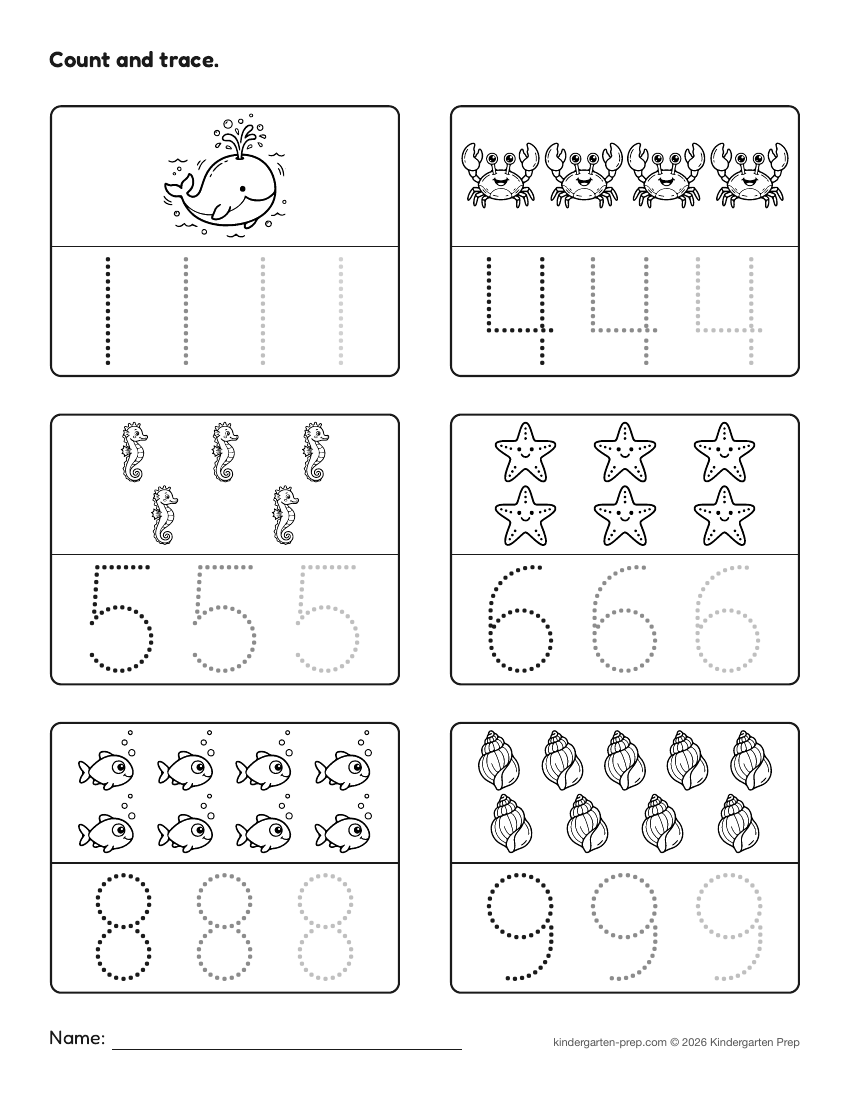 ocean number tracing worksheet, count and trace for preschool, free printable