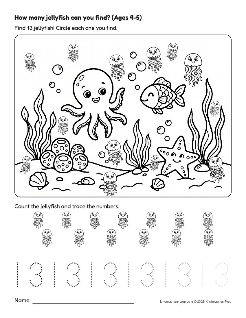 ocean counting worksheet, search and count for preschool, free printable