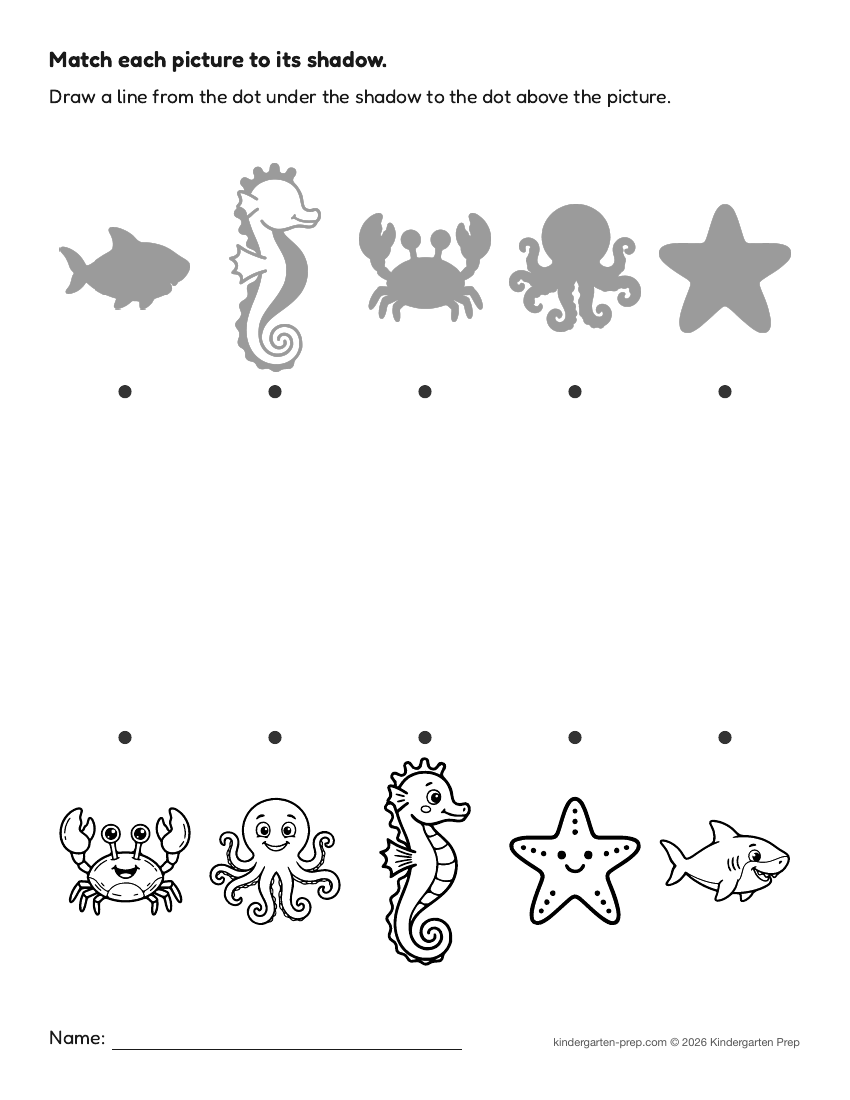 ocean shadow matching fine motor worksheet for preschool, free printable