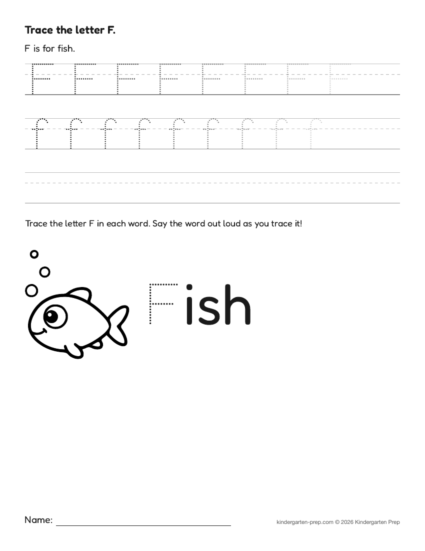 ocean letter tracing worksheet letter F for preschool, free printable