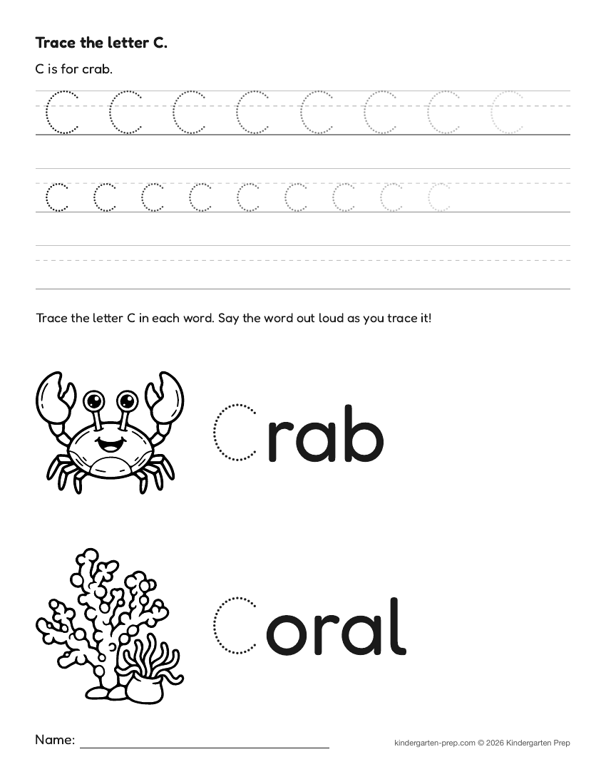 ocean letter tracing worksheet letter C for preschool, free printable