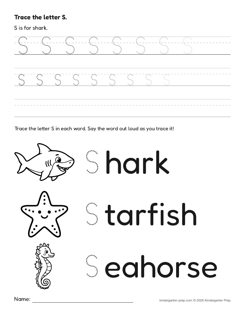 ocean letter tracing worksheet letter S for preschool, free printable