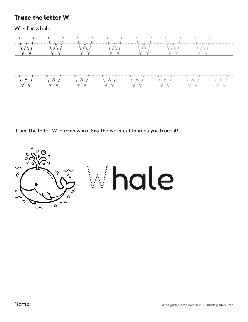 ocean letter tracing worksheet letter W for preschool, free printable