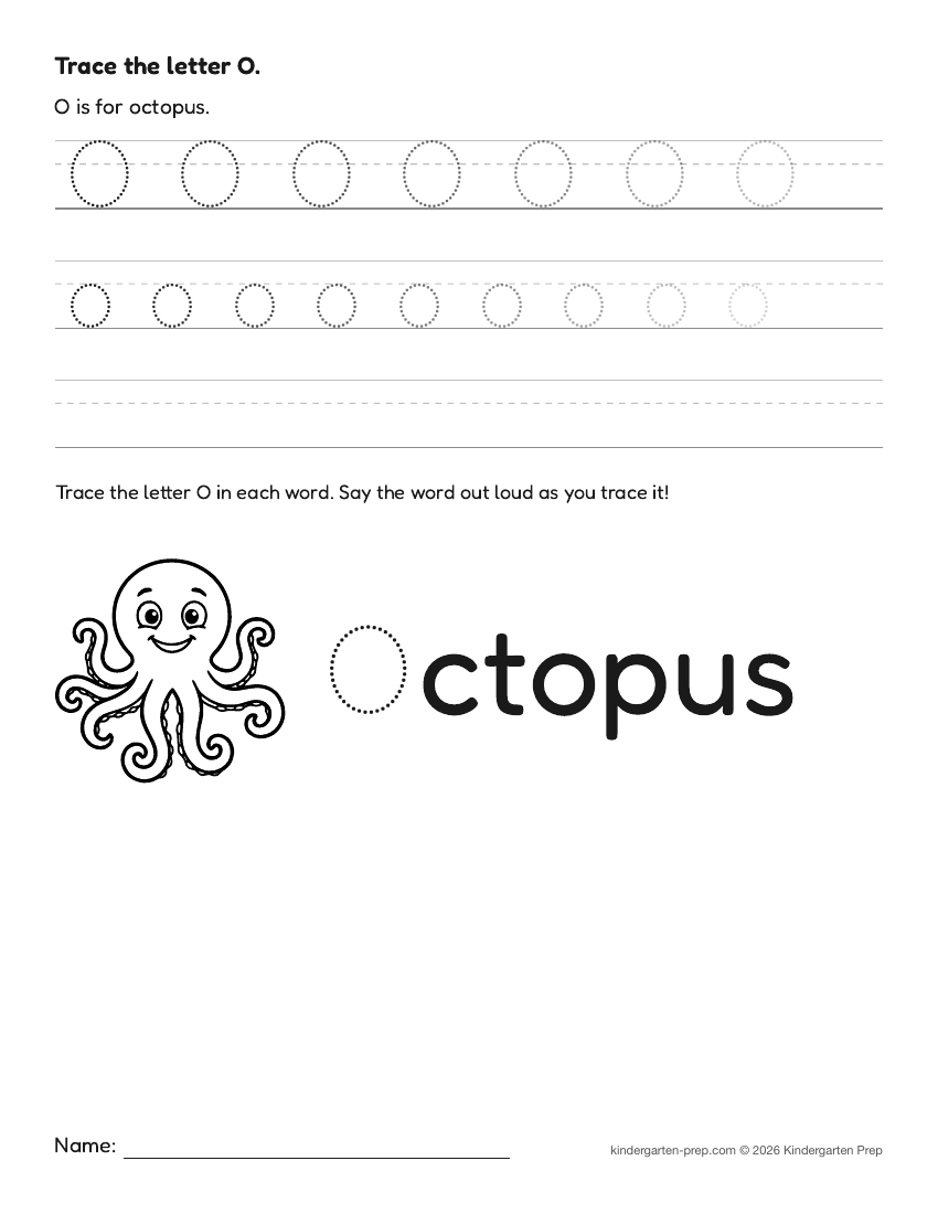 ocean letter tracing worksheet letter O for preschool, free printable