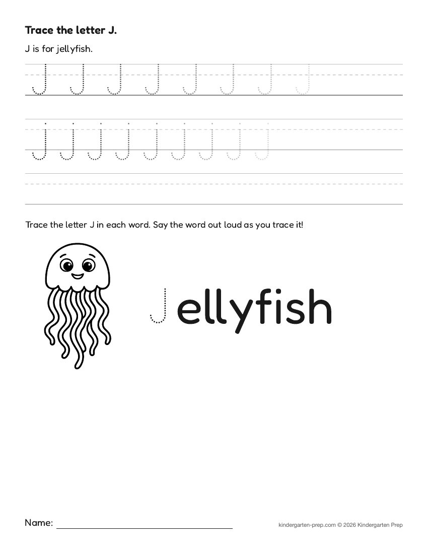 ocean letter tracing worksheet letter J for preschool, free printable