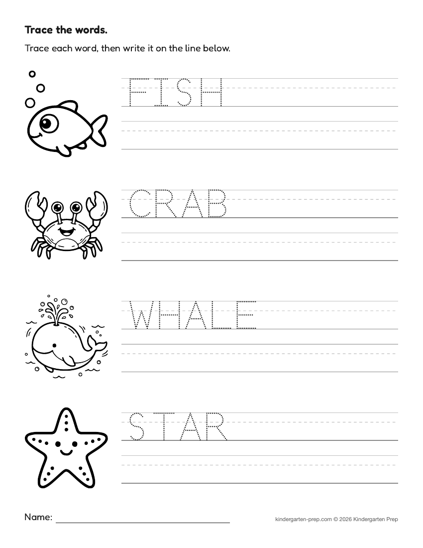 ocean word tracing worksheet for preschool, free printable
