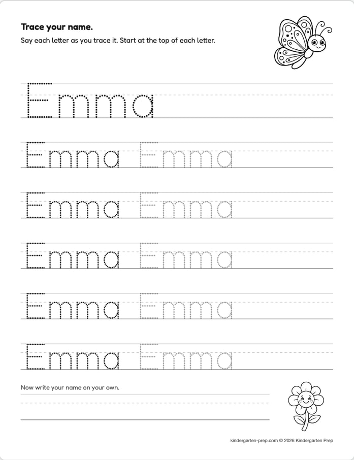 Name tracing worksheet example with dotted letters