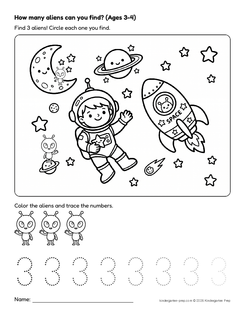 space counting worksheet, search and count for preschool, free printable