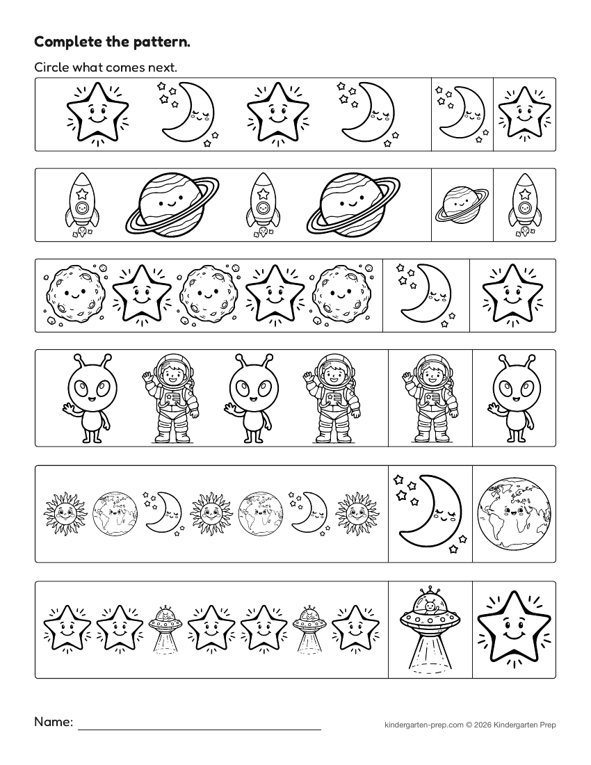 space pattern worksheet for preschool, free printable
