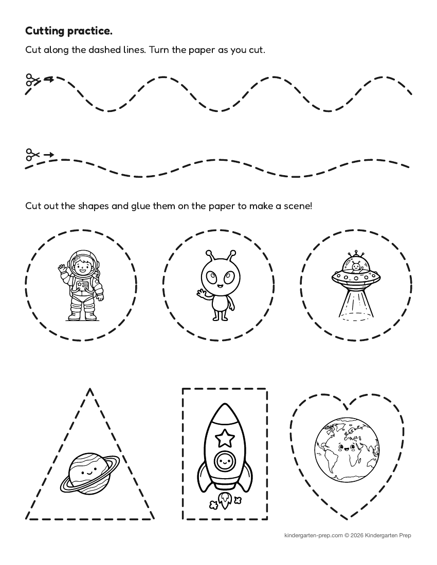 space cutting practice worksheet, shapes for preschool, free printable