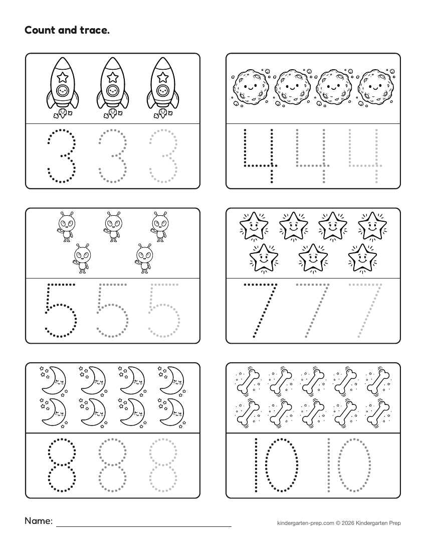 space number tracing worksheet, count and trace for preschool, free printable
