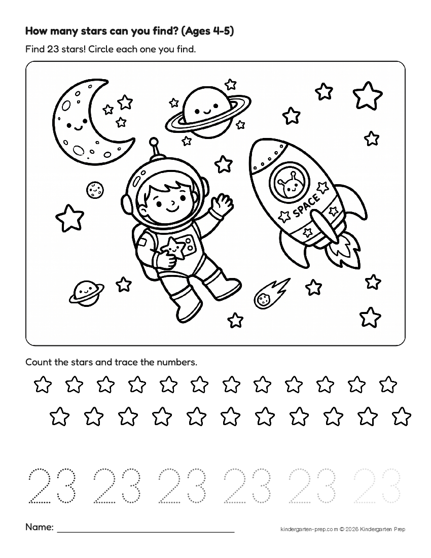 space counting worksheet, search and count for preschool, free printable