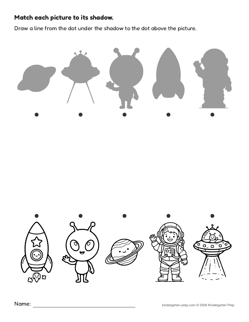 space shadow matching fine motor worksheet for preschool, free printable