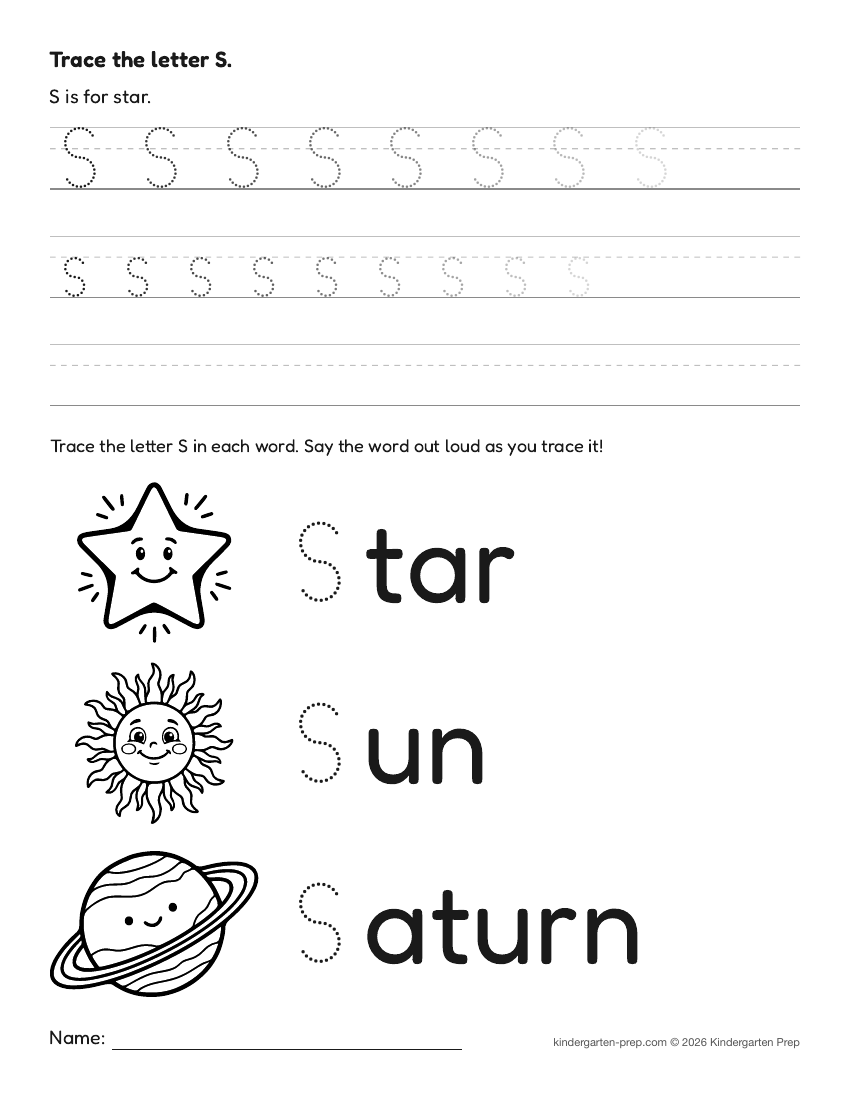 space letter tracing worksheet letter S for preschool, free printable