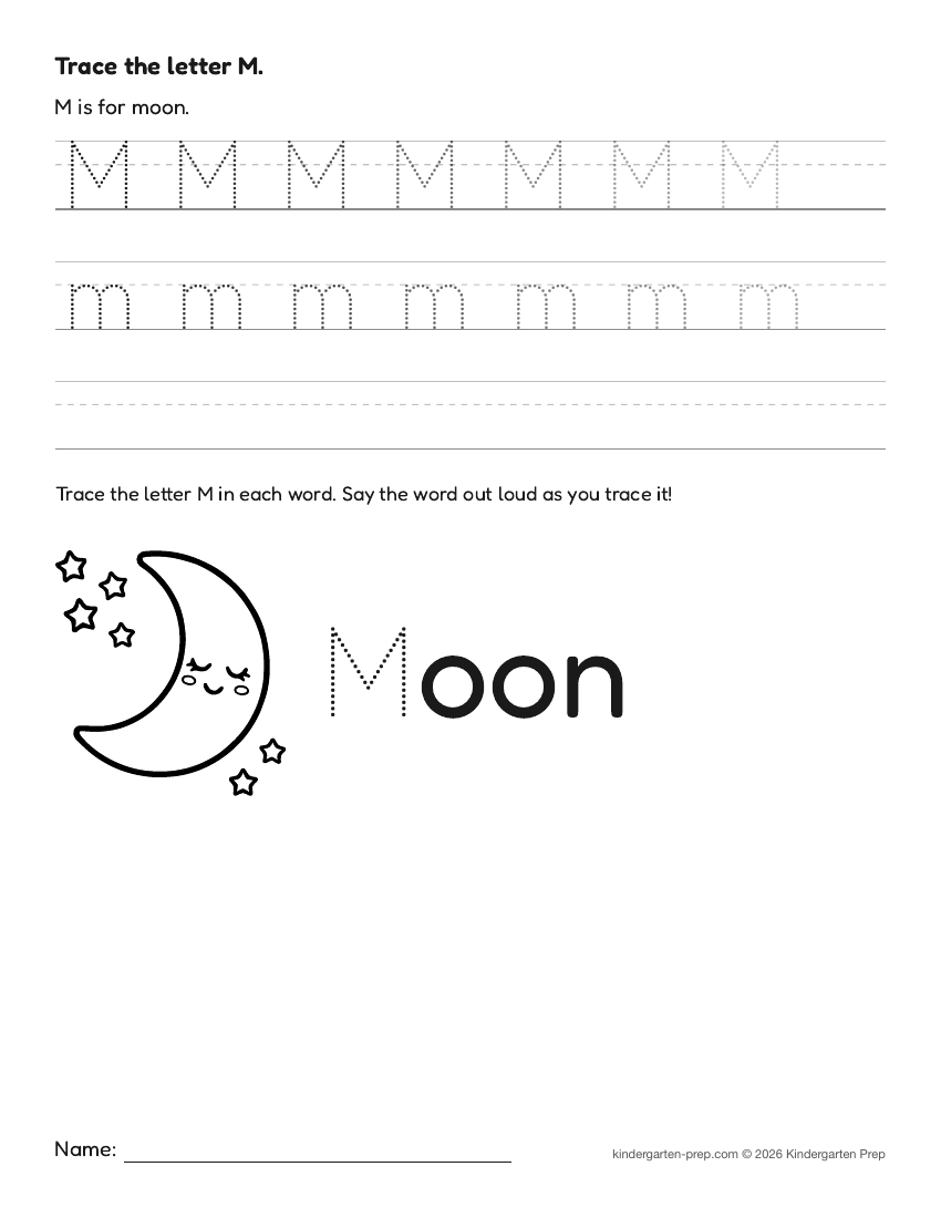 space letter tracing worksheet letter M for preschool, free printable
