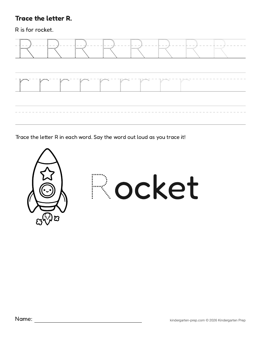 space letter tracing worksheet letter R for preschool, free printable