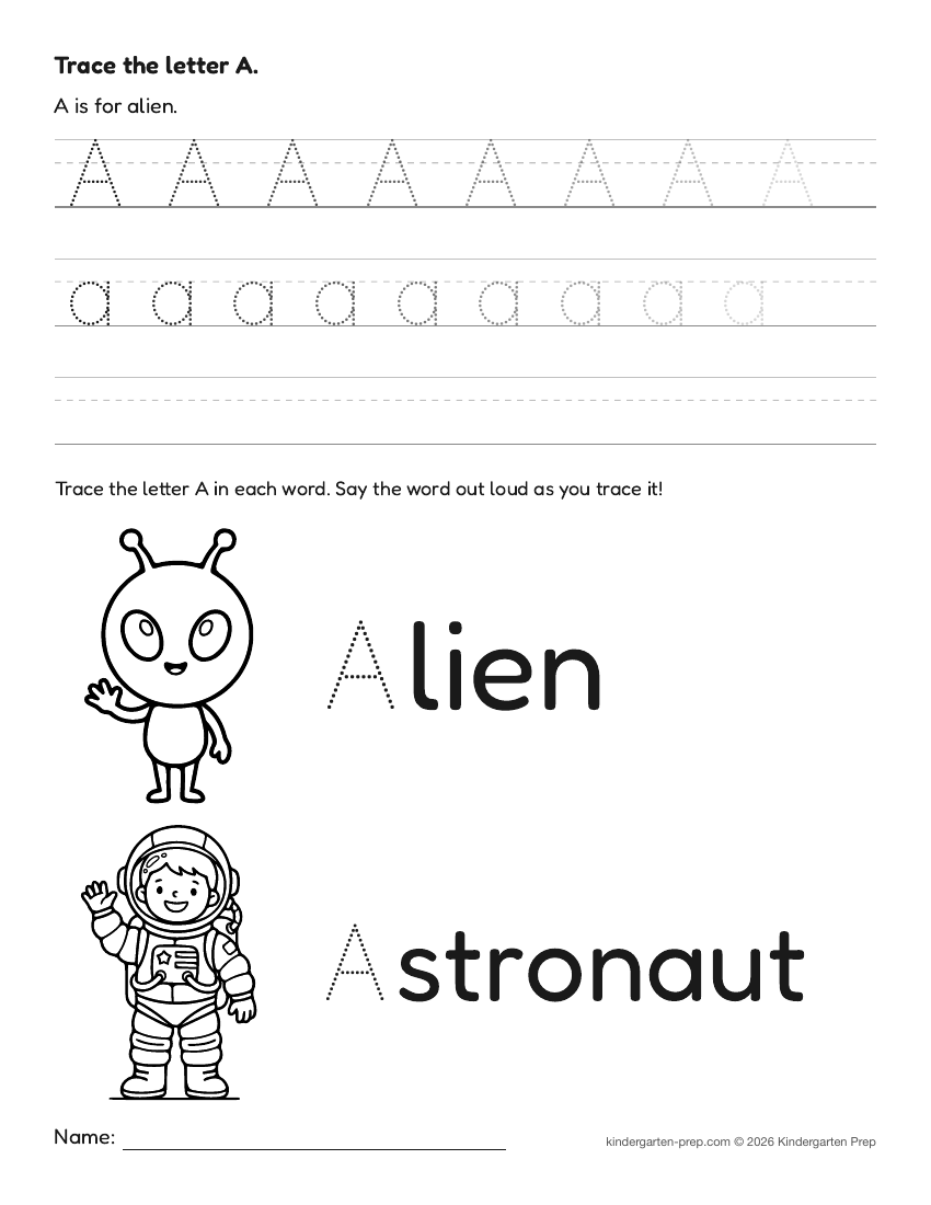space letter tracing worksheet letter A for preschool, free printable
