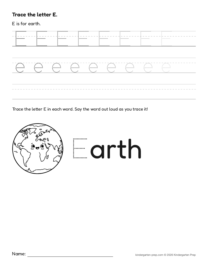 space letter tracing worksheet letter E for preschool, free printable