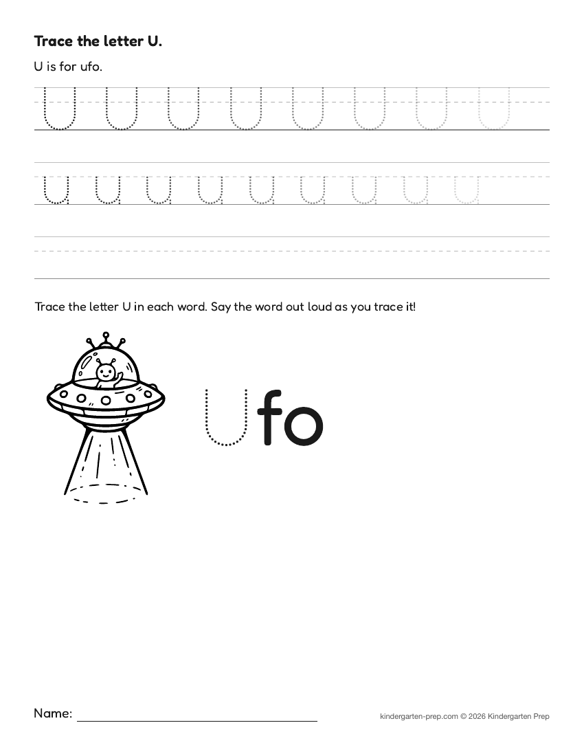 space letter tracing worksheet letter U for preschool, free printable