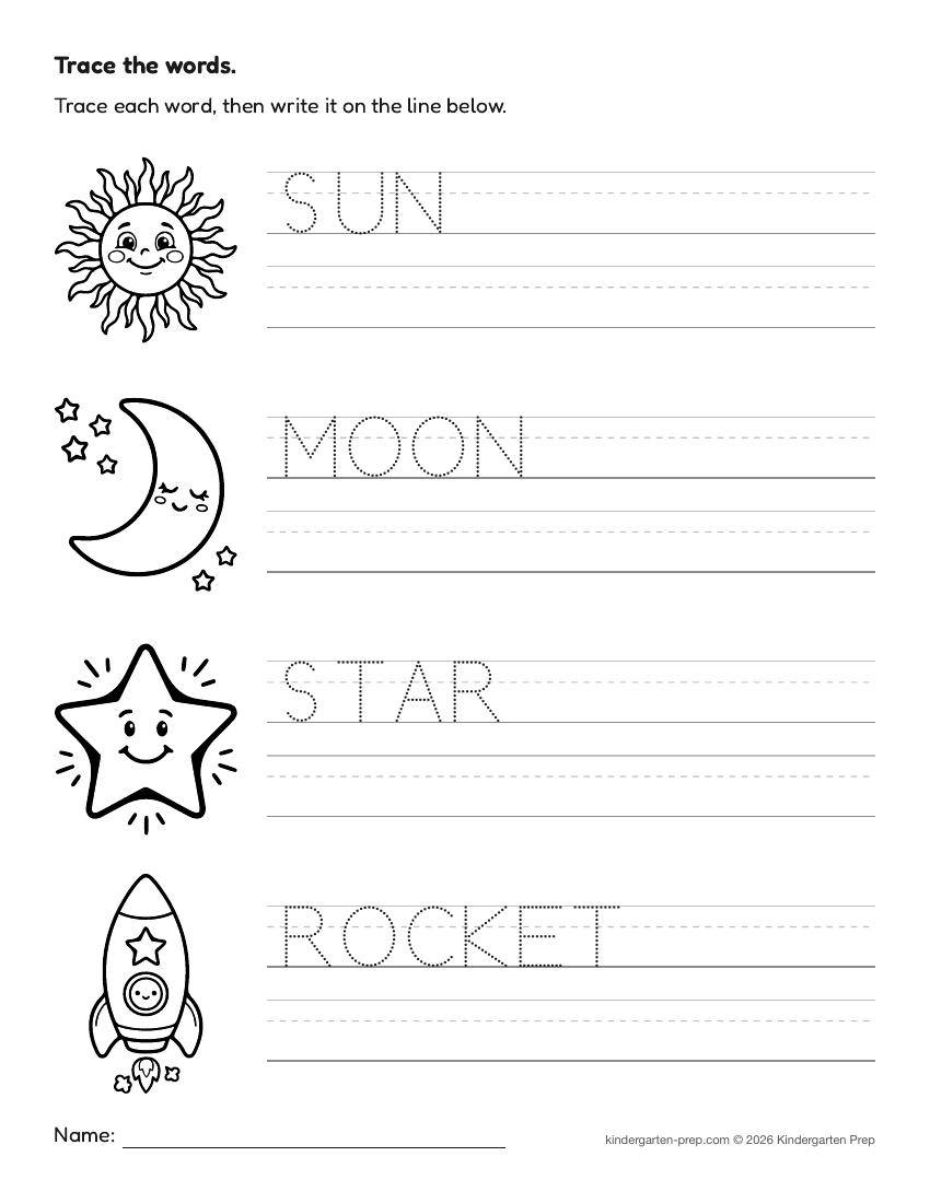space word tracing worksheet for preschool, free printable