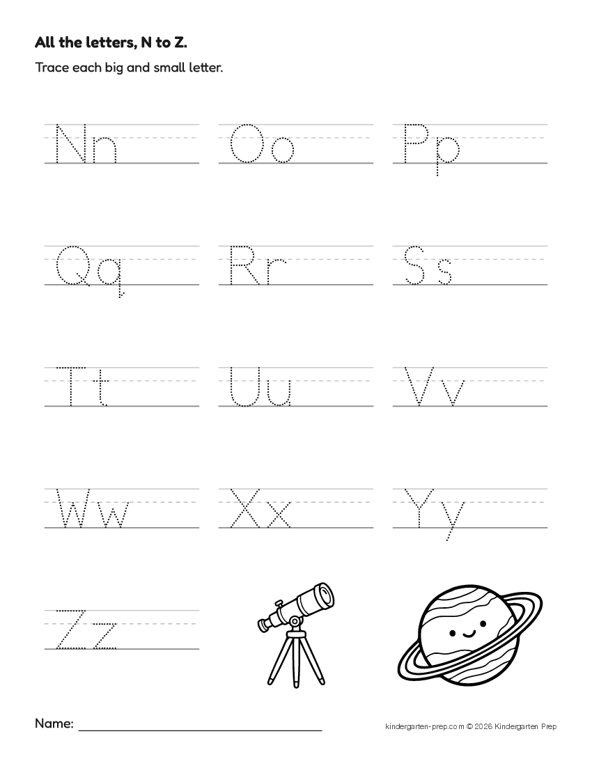 space alphabet tracing worksheet for preschool, free printable