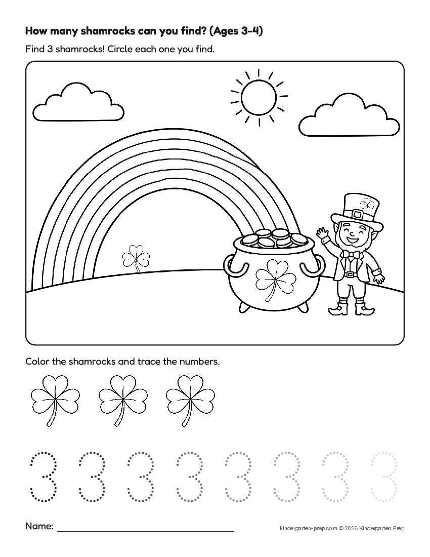 St. Patrick's Day counting worksheet, search and count for preschool, free printable