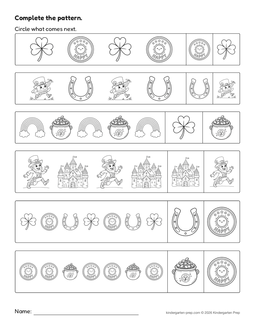 St. Patrick's Day pattern worksheet for preschool, free printable