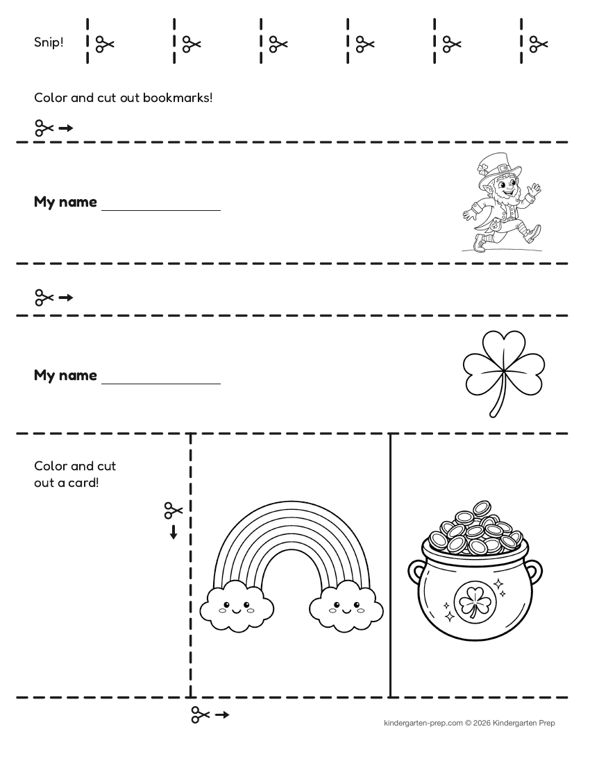 St. Patrick's Day cutting practice worksheet for preschool, free printable