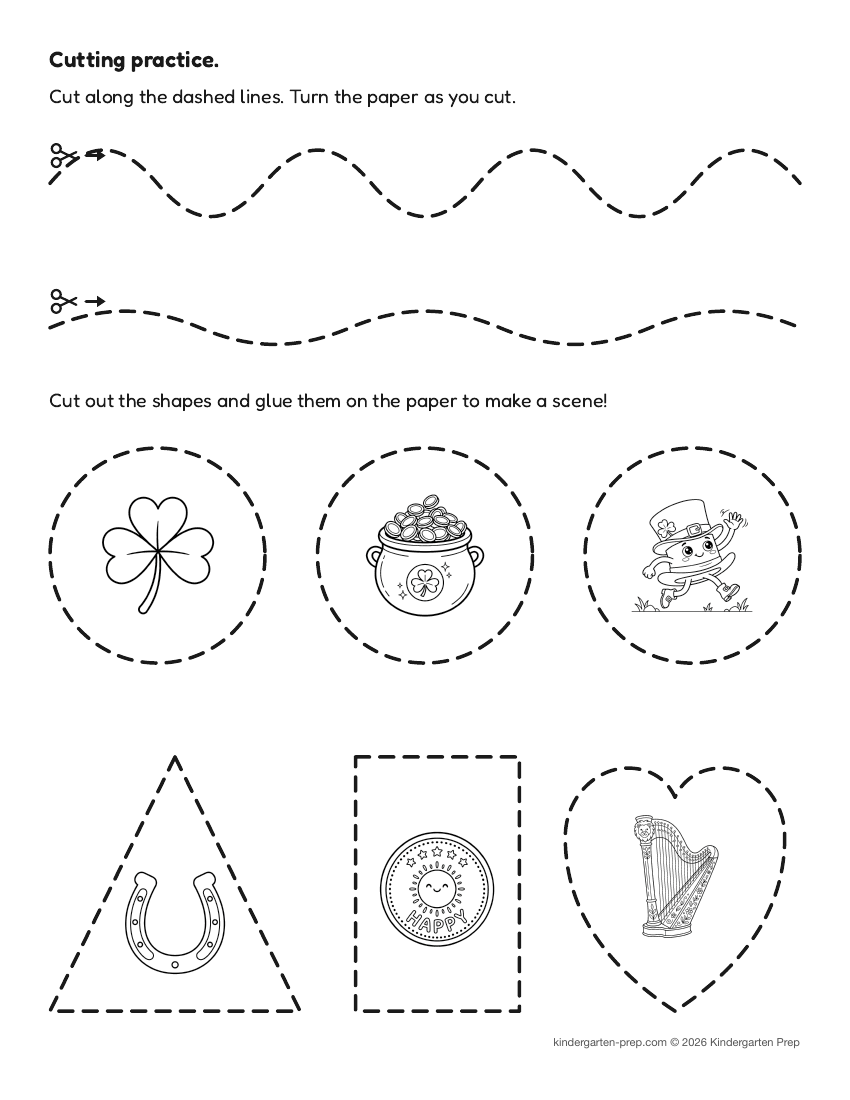 St. Patrick's Day cutting practice worksheet, shapes for preschool, free printable