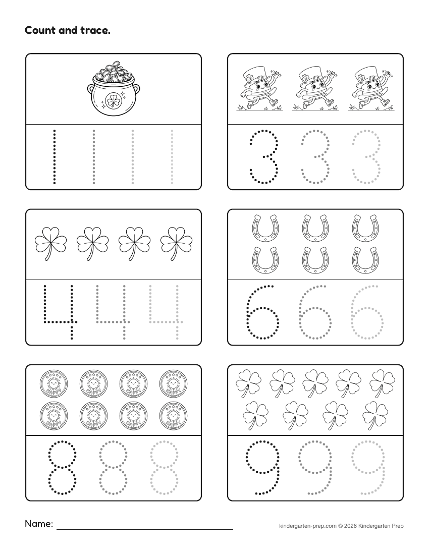 St. Patrick's Day number tracing worksheet, count and trace for preschool, free printable
