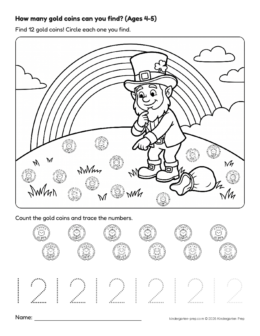 St. Patrick's Day counting worksheet, search and count for preschool, free printable