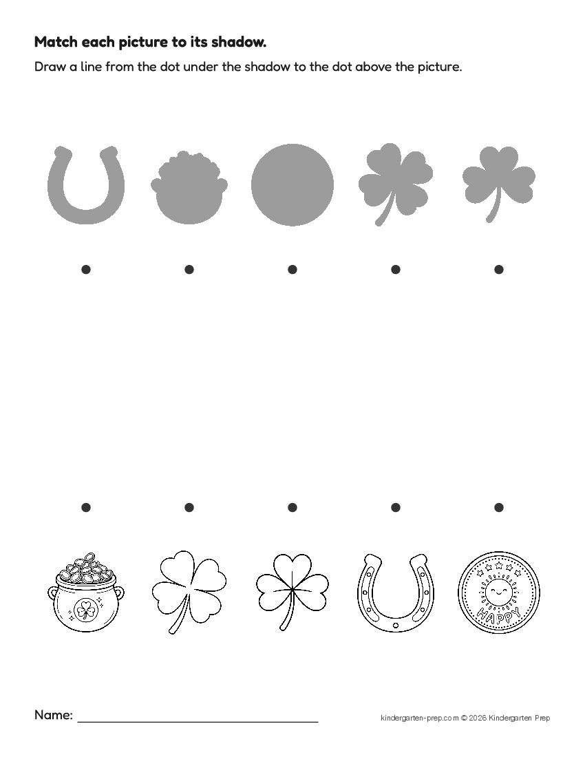 St. Patrick's Day shadow matching fine motor worksheet for preschool, free printable