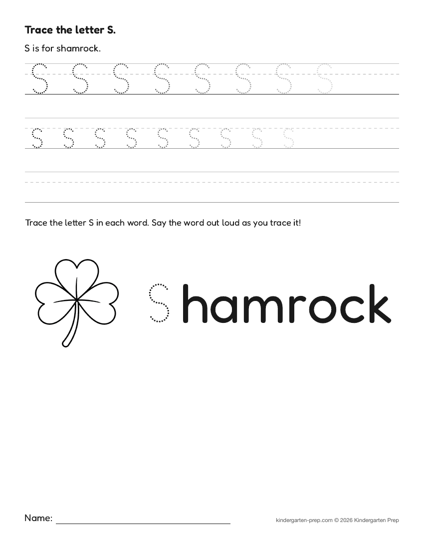 St. Patrick's Day letter tracing worksheet letter S for preschool, free printable
