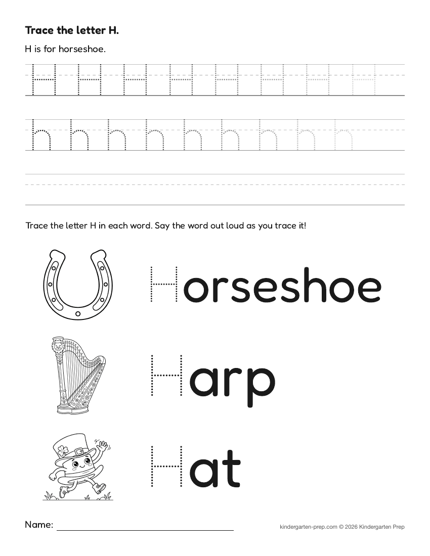 St. Patrick's Day letter tracing worksheet letter H for preschool, free printable