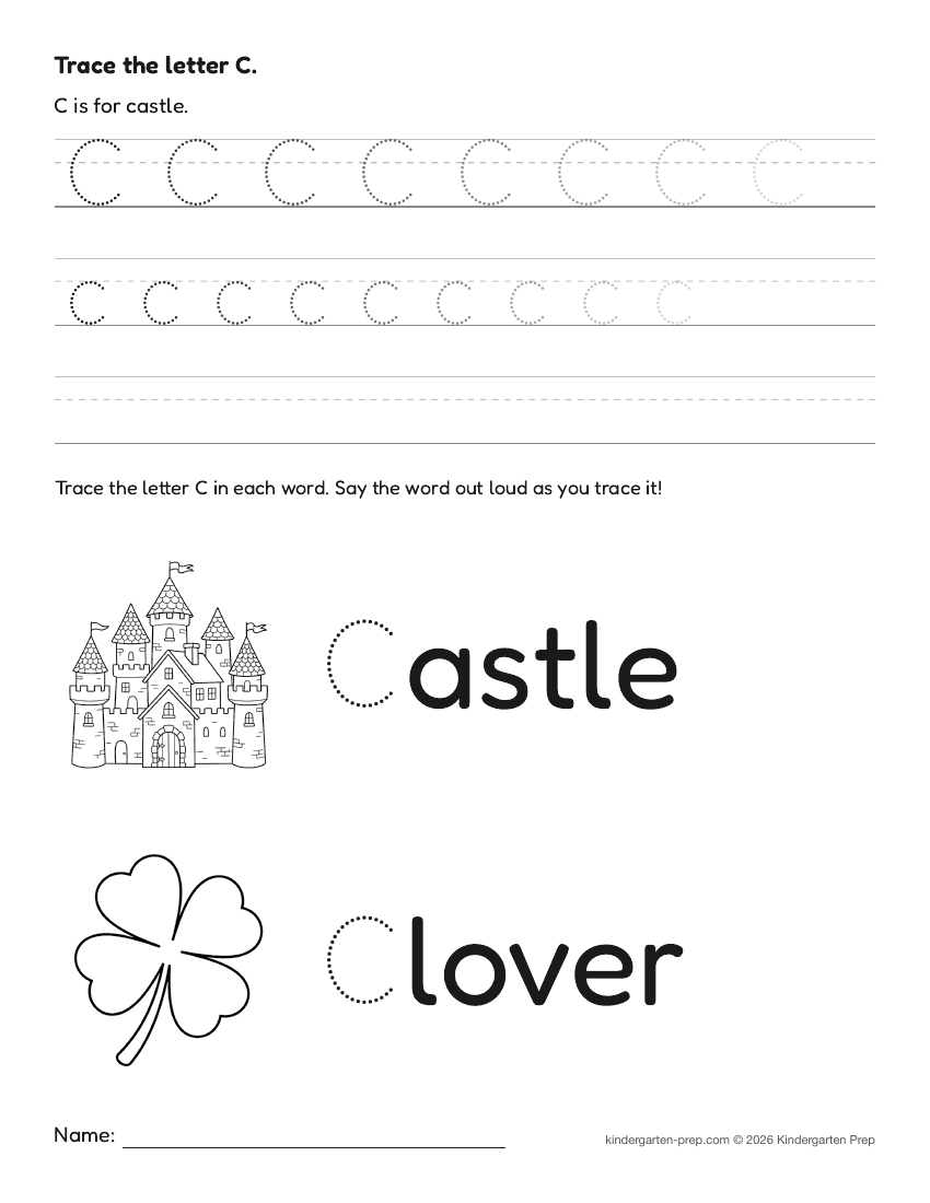St. Patrick's Day letter tracing worksheet letter C for preschool, free printable