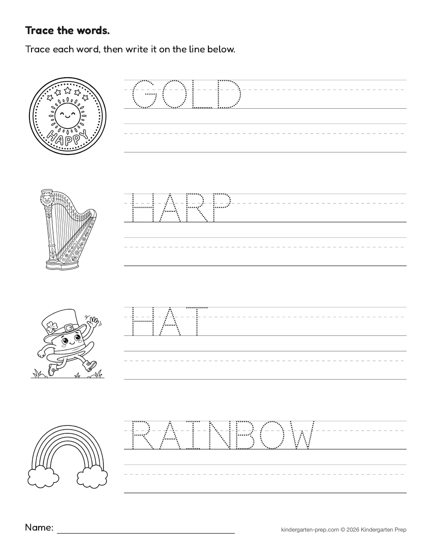 St. Patrick's Day word tracing worksheet for preschool, free printable