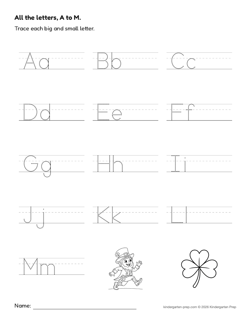 St. Patrick's Day alphabet tracing worksheet for preschool, free printable