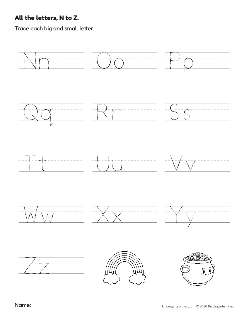 St. Patrick's Day alphabet tracing worksheet for preschool, free printable